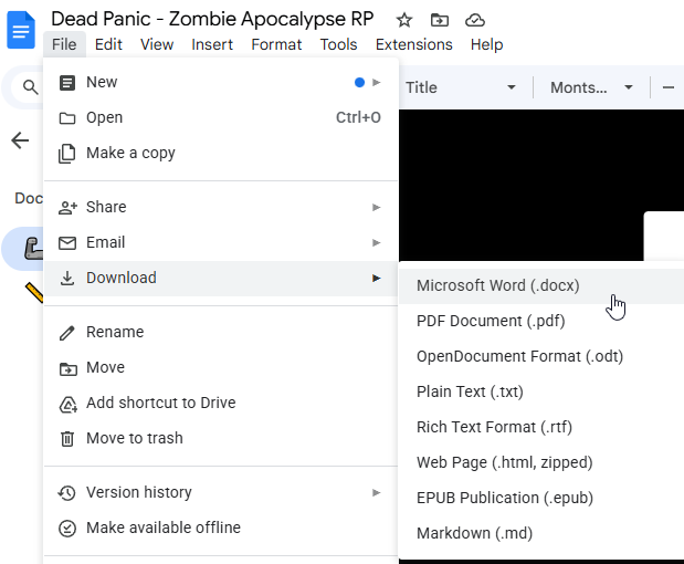 File -> Download -> Microsoft Word (.docx) OR OpenDocument Format (.odt)